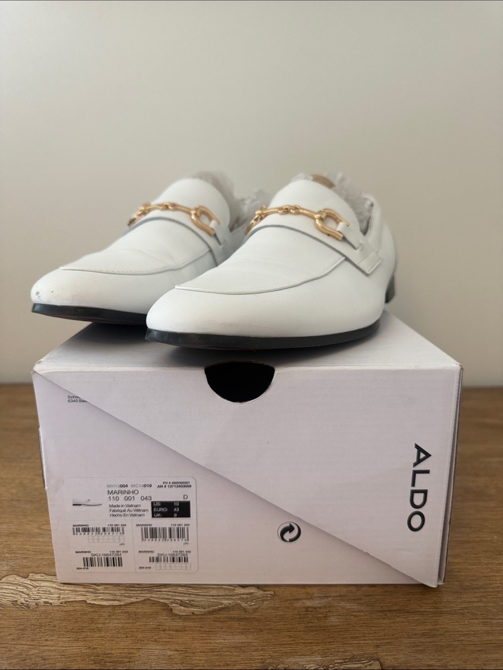 ALDO White Leather Loafers with Gold Chain Accent